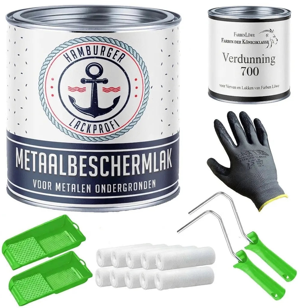 Hamburger Lackprofi metaalbeschermingslak set: metaalverf, verdunner, verfrollers, verfbakjes en handschoenen.